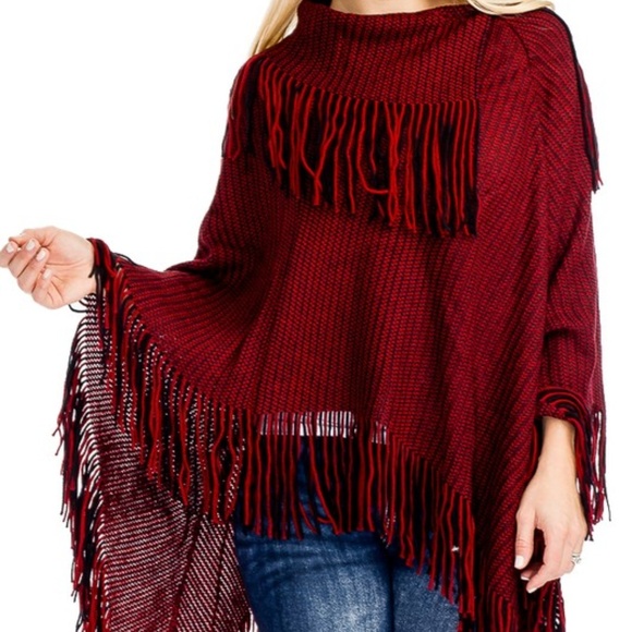 Sweaters - BURGUNDY KNIT PONCHO